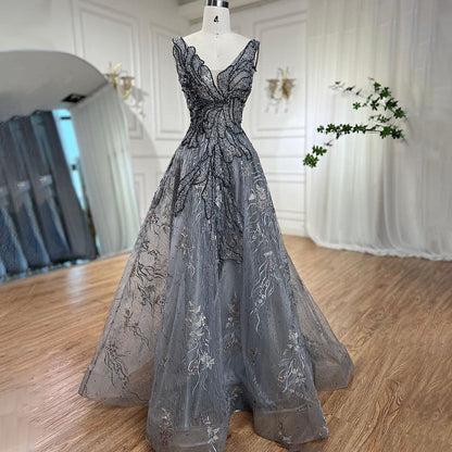 Vestidos de noche grises de lujo, corte A, 2025, con cuentas, sin mangas, sexys, para mujer, para fiesta de boda, LA71250 
