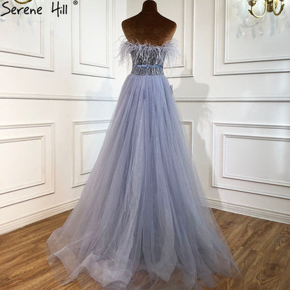 Vestidos de noche grises de lujo, corte A, 2025, con cuentas y plumas, sexys, para mujer, para bodas y fiestas LA70803 
