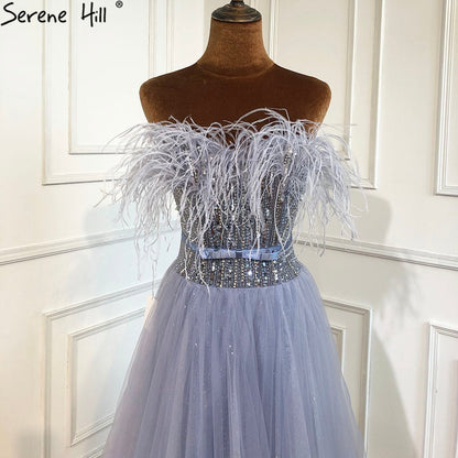 Vestidos de noche grises de lujo, corte A, 2025, con cuentas y plumas, sexys, para mujer, para bodas y fiestas LA70803 