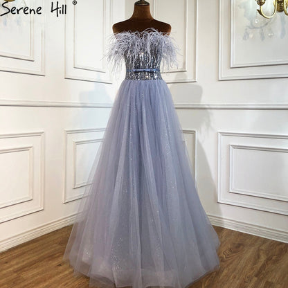 Vestidos de noche grises de lujo, corte A, 2025, con cuentas y plumas, sexys, para mujer, para bodas y fiestas LA70803 