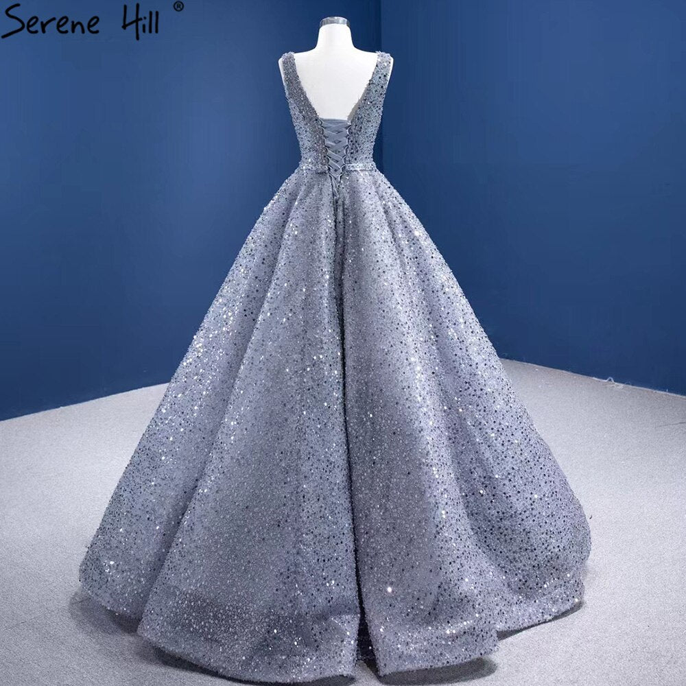 Vestidos de noche grises de lujo, corte A, 2025, con cuentas, sin mangas, con cordones, para mujer, fiesta, HM67288 