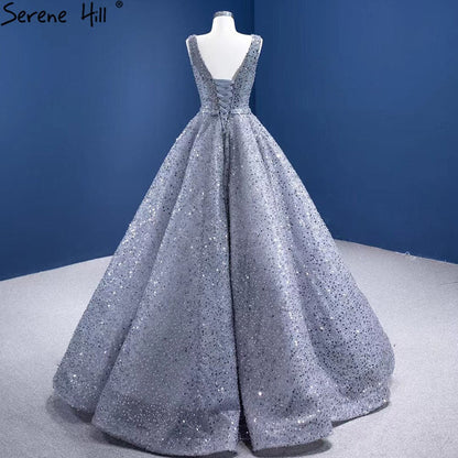 Vestidos de noche grises de lujo, corte A, 2025, con cuentas, sin mangas, con cordones, para mujer, fiesta, HM67288 