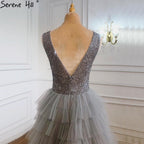 Grey  A-Line Luxury Evening Dresses Gowns 2025 Beading Tiered Sexy For Women Party LA70918