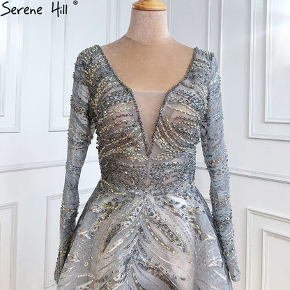 Vestidos de noche grises de lujo, corte A, 2025, encaje con cuentas y cristales, sexys para mujer, fiesta LA71171 