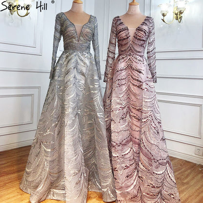 Vestidos de noche grises de lujo, corte A, 2025, encaje con cuentas y cristales, sexys para mujer, fiesta LA71171 