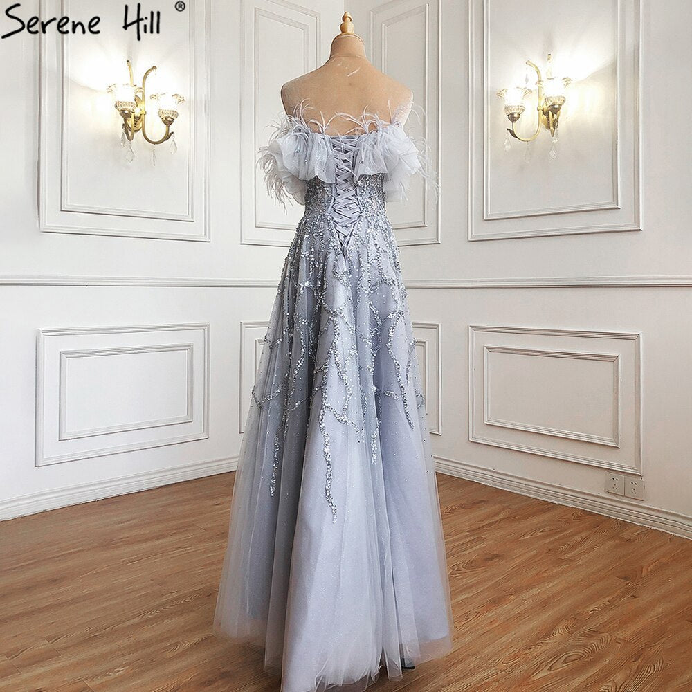 Grey A-Line Sexy Evening Dresses Gowns Beaded Feather Sparkle Formal Women Party LA71328 Featured