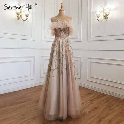 Grau A-Linie Sexy Abendkleider Perlen Feder Sparkle Formale Frauen Party LA71328 Besondere