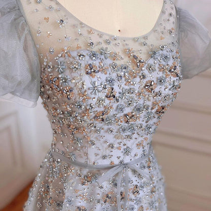 Vestidos de noche de lujo grises, corte A, sexys, largos hasta el suelo, con cuentas y cuello redondo, para mujer, estilo árabe, fiesta 2025, LA71839 