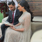 Grey Nude Arabic Evening Dresses with Cape Sleeves LA71047