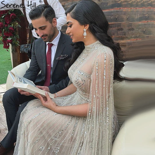 Graues Nude-Arabisches Abendkleid mit Cape-Ärmeln LA71047