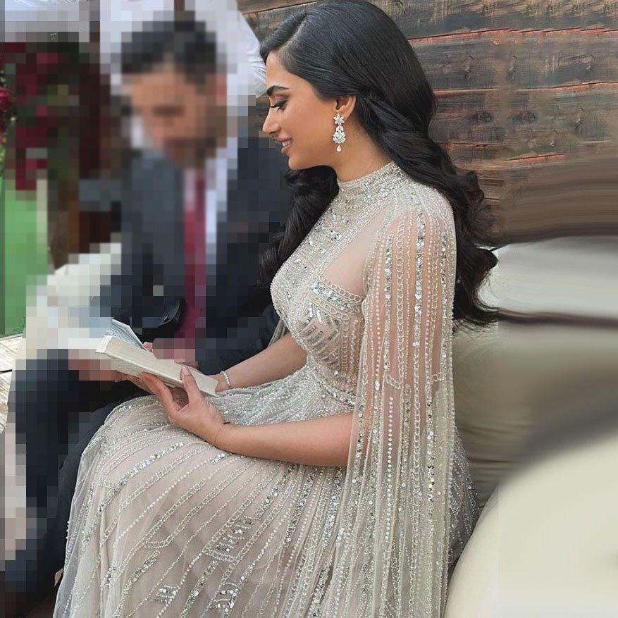 Grey Nude Arabic Evening Dresses with Cape Sleeves LA71047