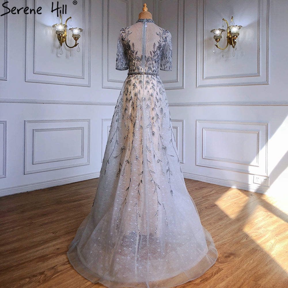 Grey Beaded Sparkle A-Line Evening Dresses Gowns 2025 Half Sleeves Luxury For Women Party LA71378