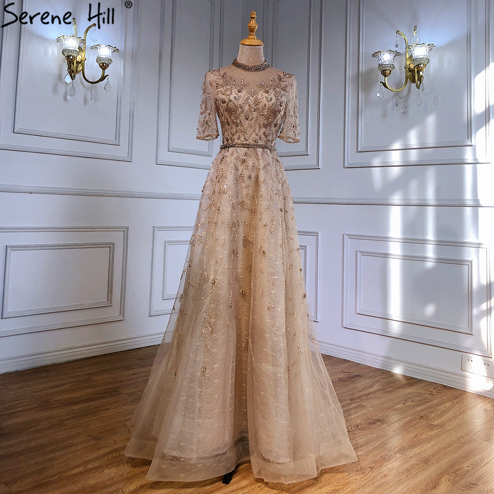 Grey Beaded Sparkle A-Line Evening Dresses Gowns 2025 Half Sleeves Luxury For Women Party LA71378