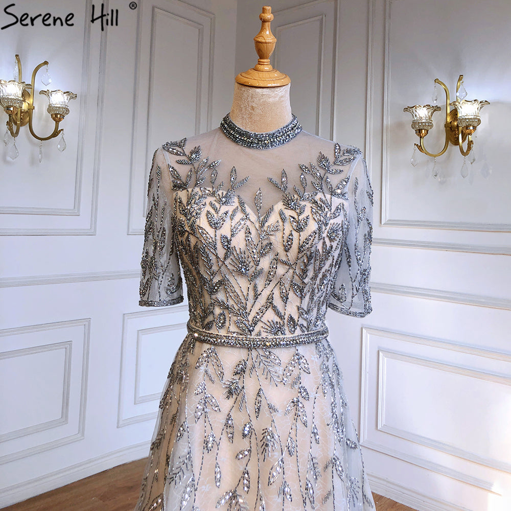 Grey Beaded Sparkle A-Line Evening Dresses Gowns 2025 Half Sleeves Luxury For Women Party LA71378