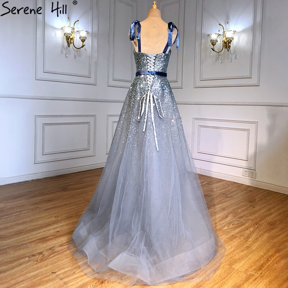 Grau Blau A-linie Luxus Abendkleider Kleider 2025 Spaghetti Strap Perlen Sexy Für Frauen Party LA70888 