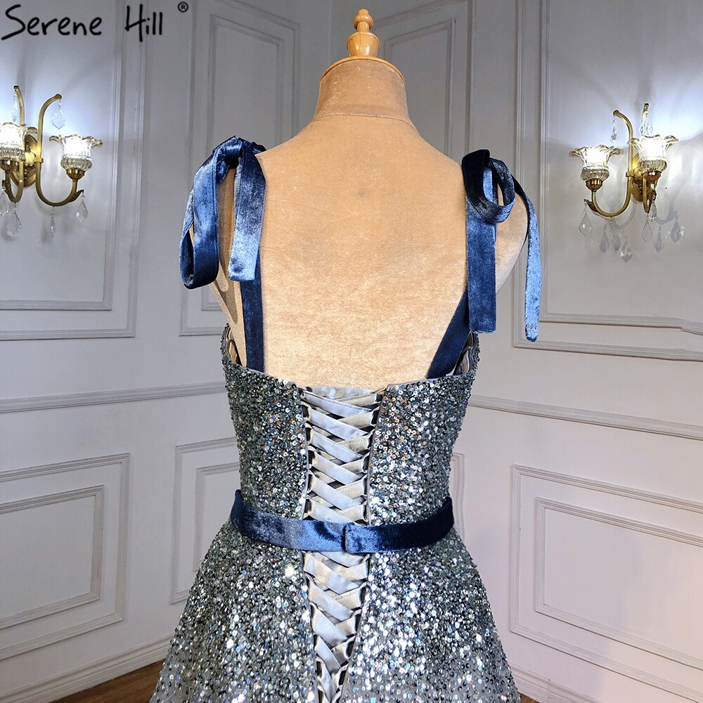 Grau Blau A-linie Luxus Abendkleider Kleider 2025 Spaghetti Strap Perlen Sexy Für Frauen Party LA70888 