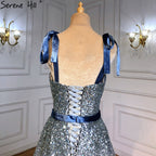 Grau Blau A-linie Luxus Abendkleider Kleider 2025 Spaghetti Strap Perlen Sexy Für Frauen Party LA70888 