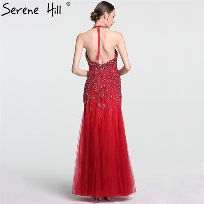 Vestido de noche árabe, gris, largo hasta el suelo, estilo sirena, sexy, con cuello halter, borlas de cristal y cuentas, 2025, LA6151 