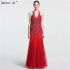 Vestido de noche árabe, gris, largo hasta el suelo, estilo sirena, sexy, con cuello halter, borlas de cristal y cuentas, 2025, LA6151 