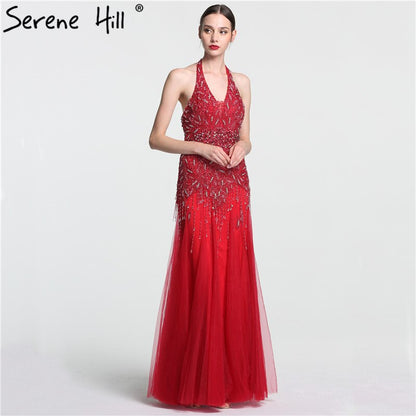 Vestido de noche árabe, gris, largo hasta el suelo, estilo sirena, sexy, con cuello halter, borlas de cristal y cuentas, 2025, LA6151 