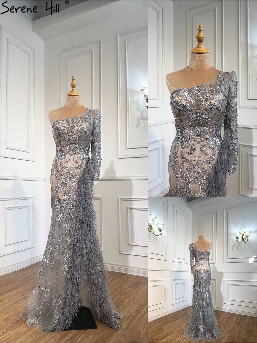 Vestido de noche sexy de sirena con abertura alta en gris 2025, vestido formal de un solo hombro con plumas y cuentas, diseño LA70691 