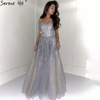 Vestidos de noche grises de lujo, corte A, 2025, con cuentas brillantes, sexys, para mujer, para bodas y fiestas LA70802 