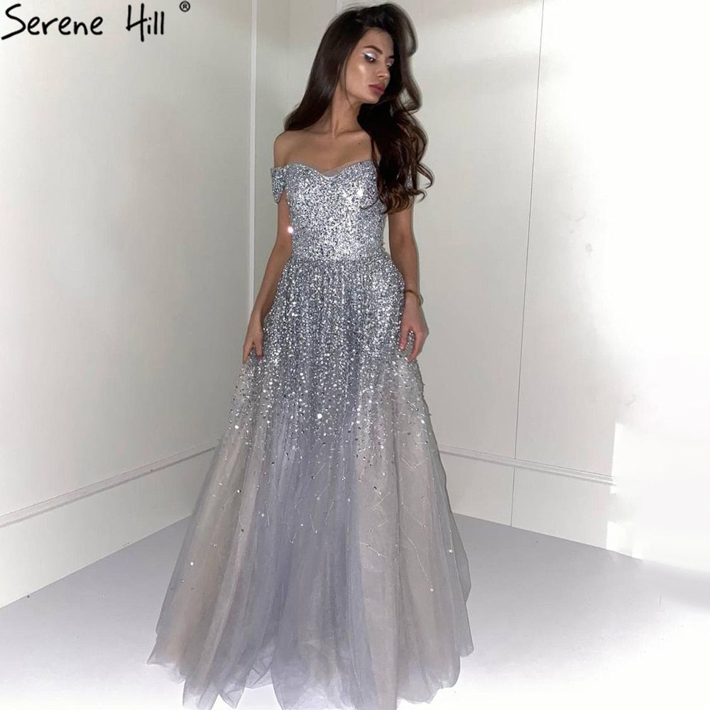 Vestidos de noche grises de lujo, corte A, 2025, con cuentas brillantes, sexys, para mujer, para bodas y fiestas LA70802 