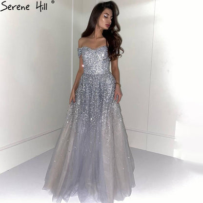 Vestidos de noche grises de lujo, corte A, 2025, con cuentas brillantes, sexys, para mujer, para bodas y fiestas LA70802 