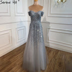 Vestidos de noche grises de lujo, corte A, 2025, con cuentas brillantes, sexys, para mujer, para bodas y fiestas LA70802 