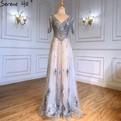 Vestidos de noche grises de lujo, corte A, 2025, mangas cortas, con cuentas y cordones, para mujer, fiesta, LA71379 