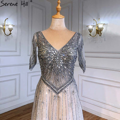 Vestidos de noche grises de lujo, corte A, 2025, mangas cortas, con cuentas y cordones, para mujer, fiesta, LA71379 
