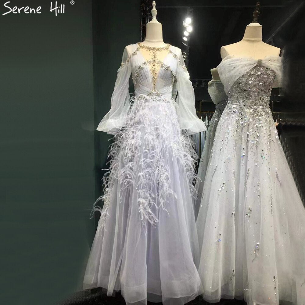 Vestidos de noche grises de lujo, corte A, 2025, mangas largas, con plumas de diamante para mujer, fiesta LA71495 