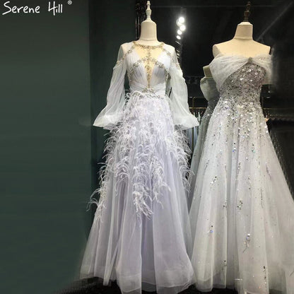 Vestidos de noche grises de lujo, corte A, 2025, mangas largas, con plumas de diamante para mujer, fiesta LA71495 