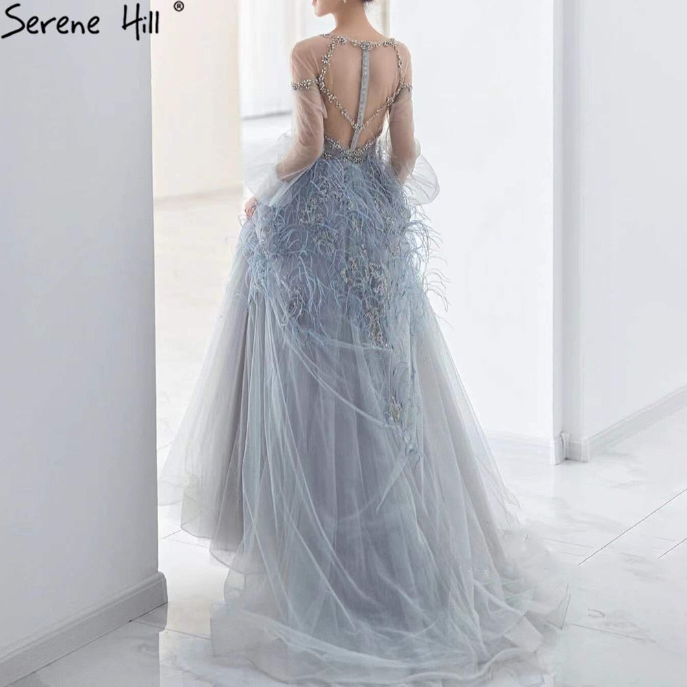 Vestidos de noche grises de lujo, corte A, 2025, mangas largas, con plumas de diamante para mujer, fiesta LA71495 