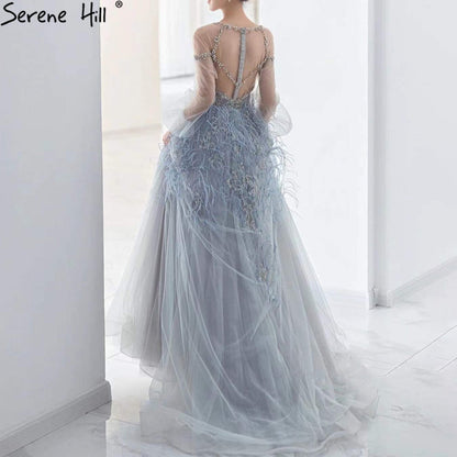 Vestidos de noche grises de lujo, corte A, 2025, mangas largas, con plumas de diamante para mujer, fiesta LA71495 