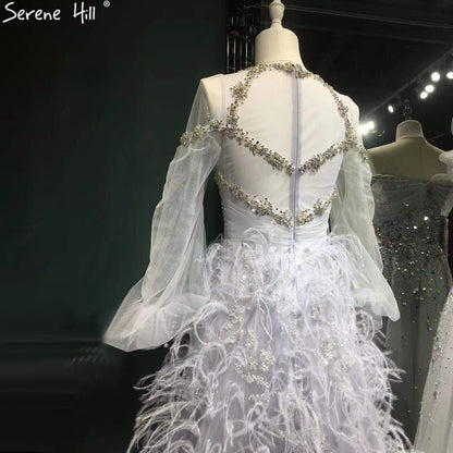 Vestidos de noche grises de lujo, corte A, 2025, mangas largas, con plumas de diamante para mujer, fiesta LA71495 