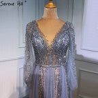 Vestidos de noche grises de lujo, corte A, sexys, con cuentas de diamantes, elegantes, para mujer, para fiesta, LA70788 