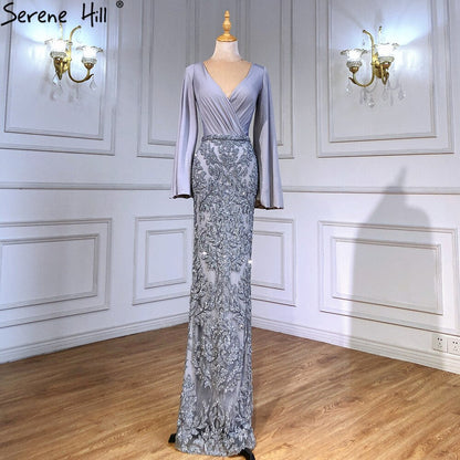 Vestido de noche de sirena de lujo gris, elegante, con cuentas y mangas farol para mujer, para fiesta LA71484 