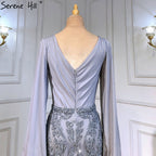 Grau Luxus Meerjungfrau Abendkleider Kleider Elegante Perlen Laterne Hülse Für Frauen Party LA71484 