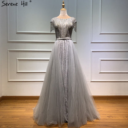 Vestido de noche gris de lujo con cola, 2025, con cuentas, borlas y mangas cortas para mujer, fiesta LA60874 