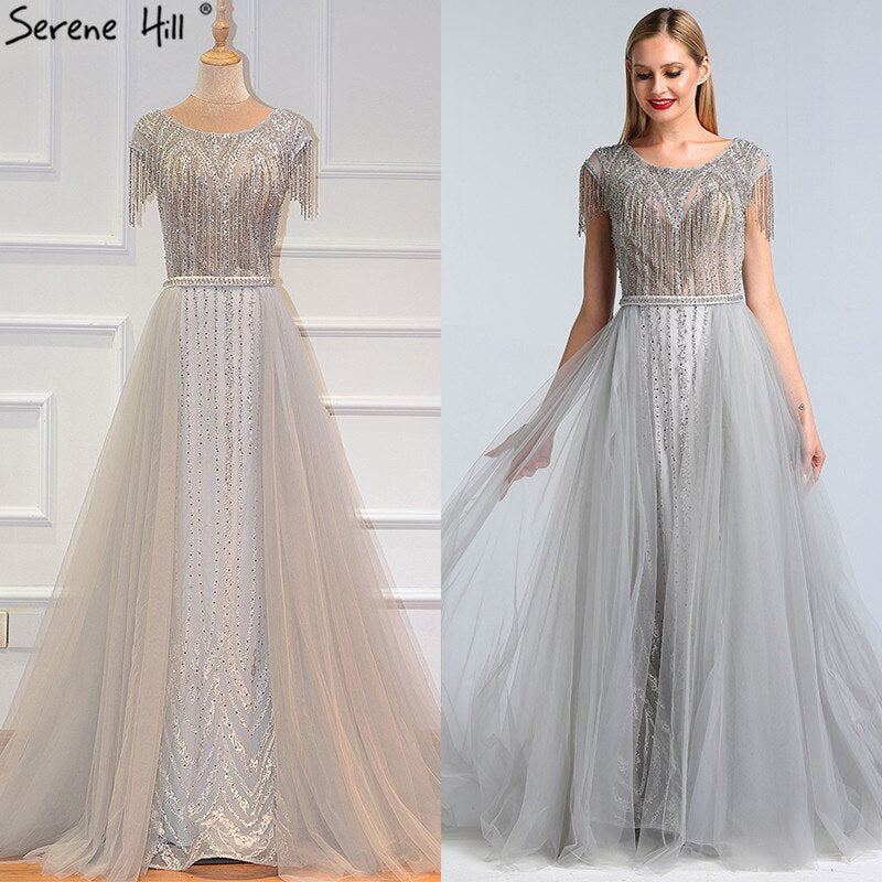 Vestido de noche gris de lujo con cola, 2025, con cuentas, borlas y mangas cortas para mujer, fiesta LA60874 