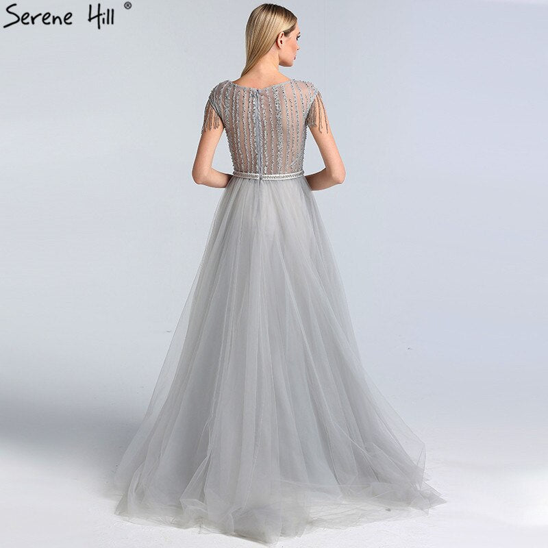 Vestido de noche gris de lujo con cola, 2025, con cuentas, borlas y mangas cortas para mujer, fiesta LA60874 