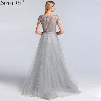 Vestido de noche gris de lujo con cola, 2025, con cuentas, borlas y mangas cortas para mujer, fiesta LA60874 