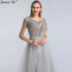Vestido de noche gris de lujo con cola, 2025, con cuentas, borlas y mangas cortas para mujer, fiesta LA60874 