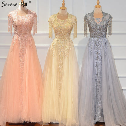Vestidos de noche grises de lujo con cola, mangas cortas, corte sirena y cuentas, para mujer, fiesta, LA60845 