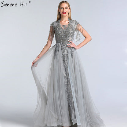 Vestidos de noche grises de lujo con cola, mangas cortas, corte sirena y cuentas, para mujer, fiesta, LA60845 