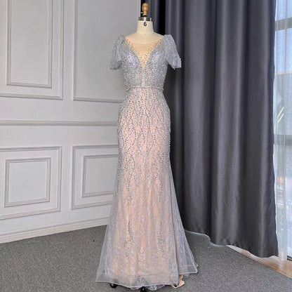Sirena gris elegante Avond Jurken 2025 Luxe Kralen O-hals Korte Voor Vrouwen Party LA71697 
