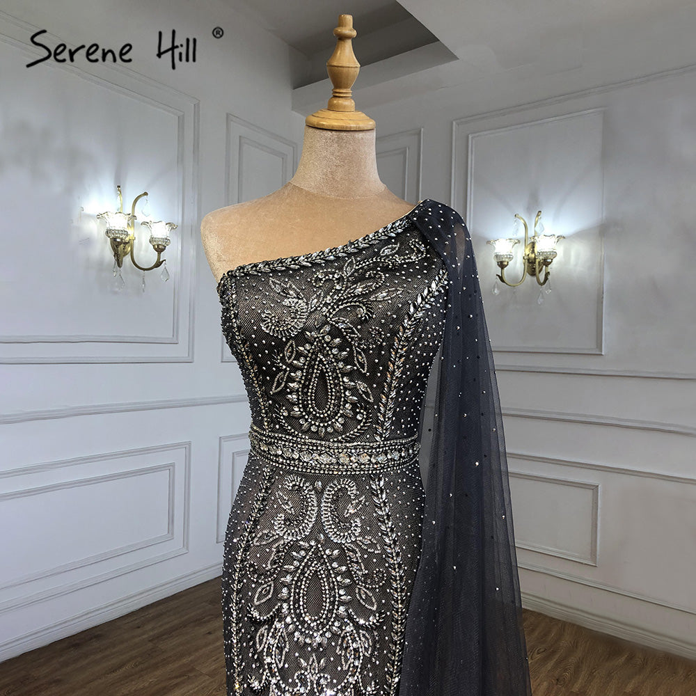 Elegante vestido de noche de sirena gris con mangas estilo capa, un hombro, de lujo, con cuentas, para mujer, fiesta, LA71270 