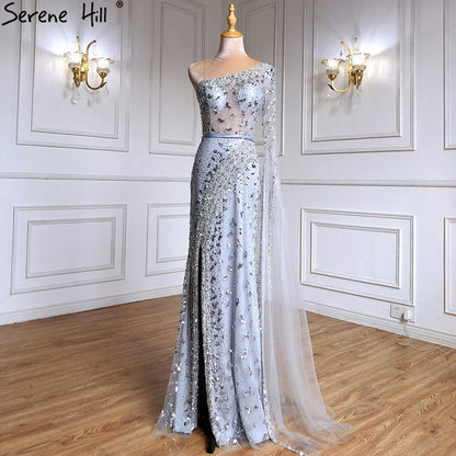 Elegante vestido de noche de sirena gris, 2025, de lujo, con mangas tipo capa y cuentas, para mujer, fiesta, LA71415 