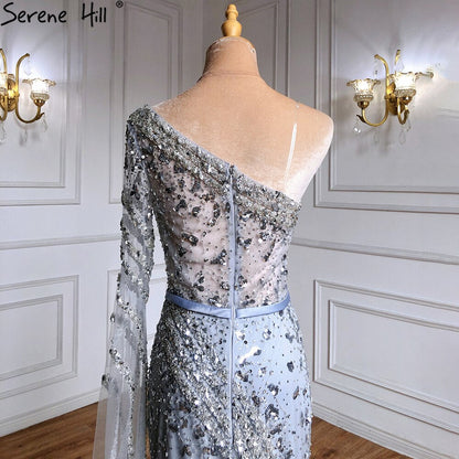 Elegante vestido de noche de sirena gris, 2025, de lujo, con mangas tipo capa y cuentas, para mujer, fiesta, LA71415 